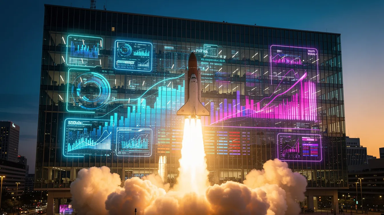 New York Borsası ekranı önünde SpaceX roketinin dev bir hologram görüntüsü