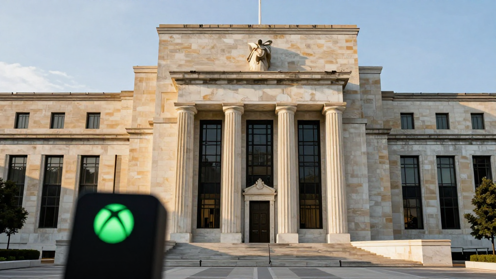 ABD Federal Rezervi binasının ön cephesinden bir görünüm, yanında Microsoft Xbox logosu