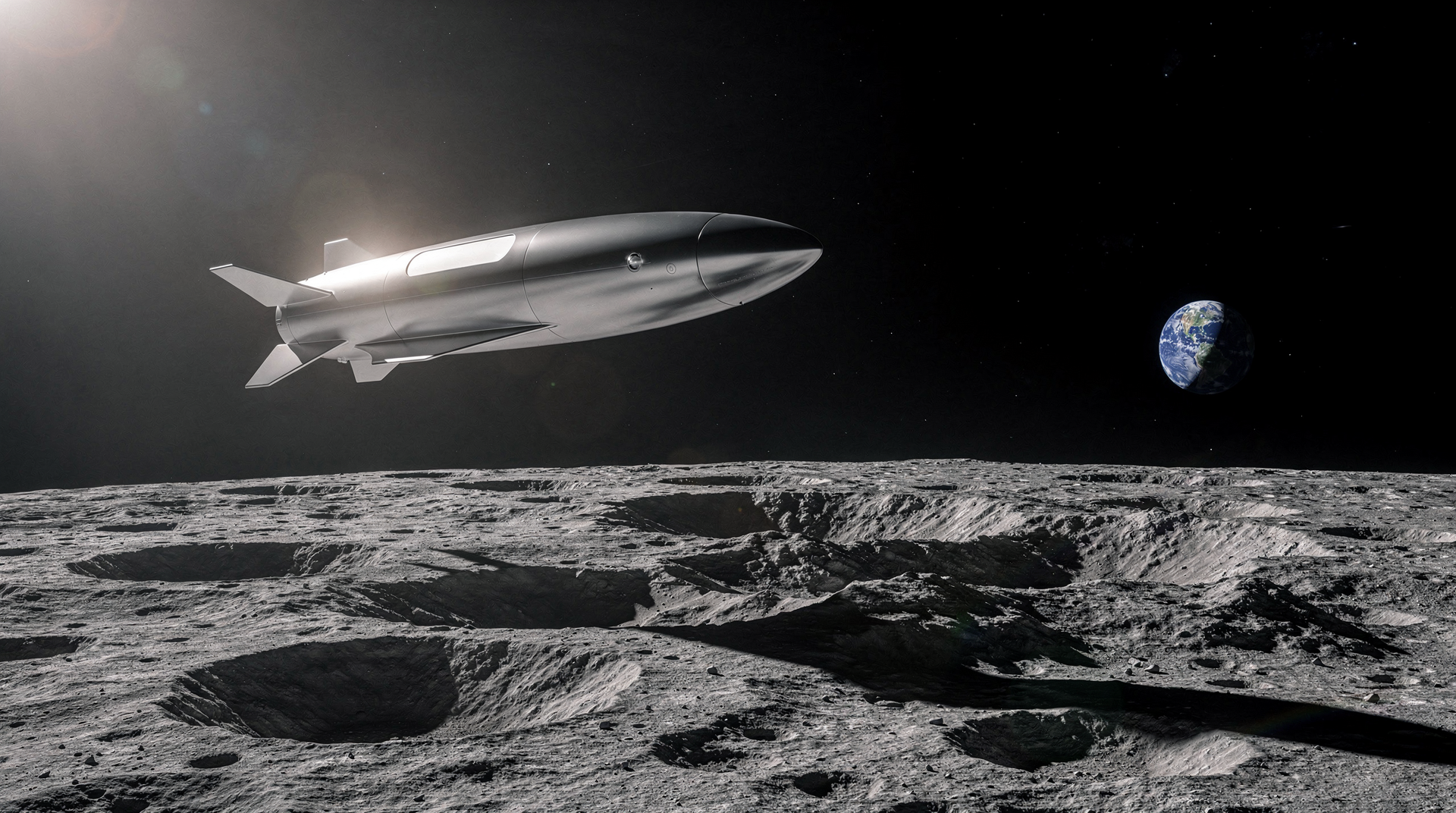 Starship uzay aracının Ay'ın kraterli yüzeyinin üzerinde süzülürken görüldüğü illüstrasyon