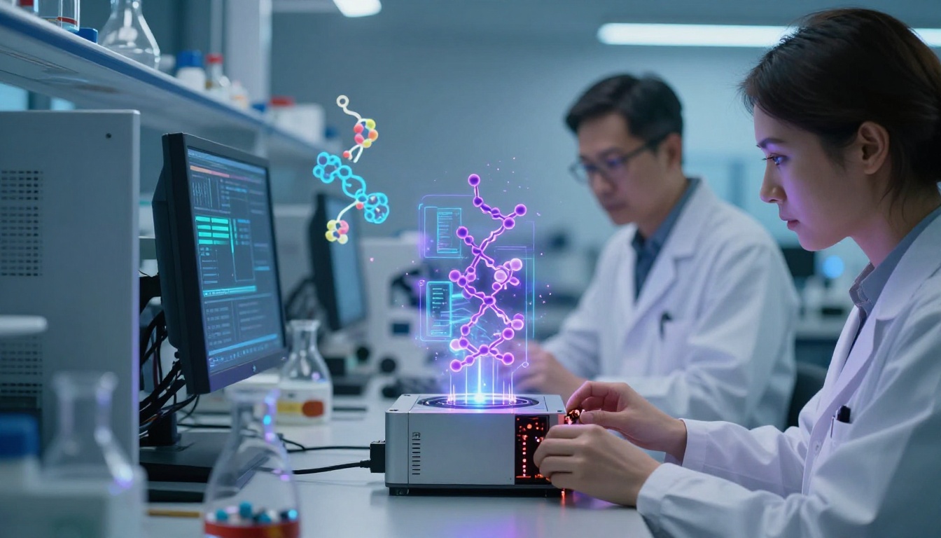 Laboratuvar ortamında kuantum bilgisayar ve yapay zeka modeliyle peptit araştırması yapan bilim insanlarını temsil eden görsel