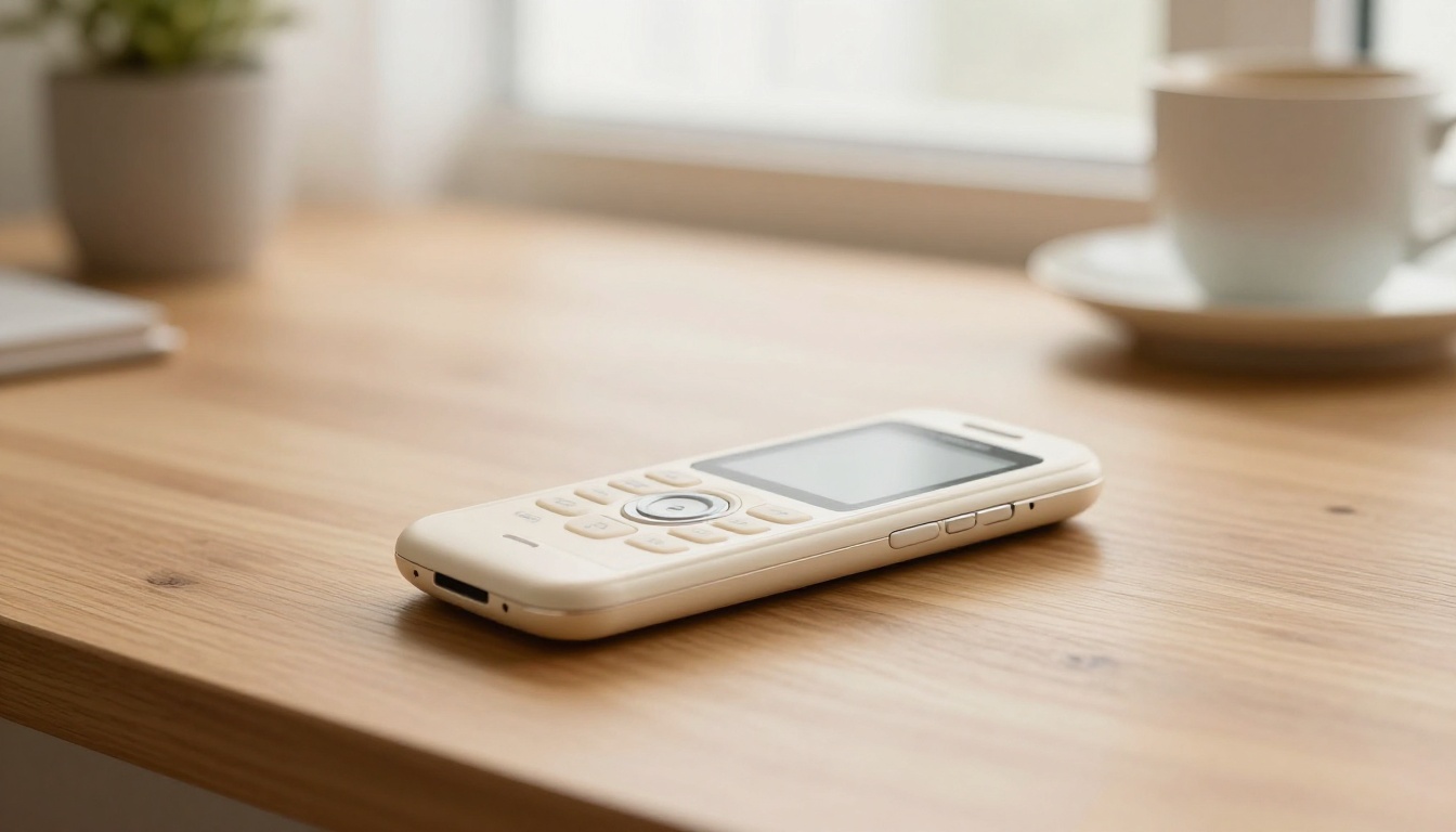 Krem rengi minimalist bir kapaklı telefon, ahşap bir masa üzerinde, arka planda bulanıklaştırılmış sıcak tonlarda bir çalışma alanı