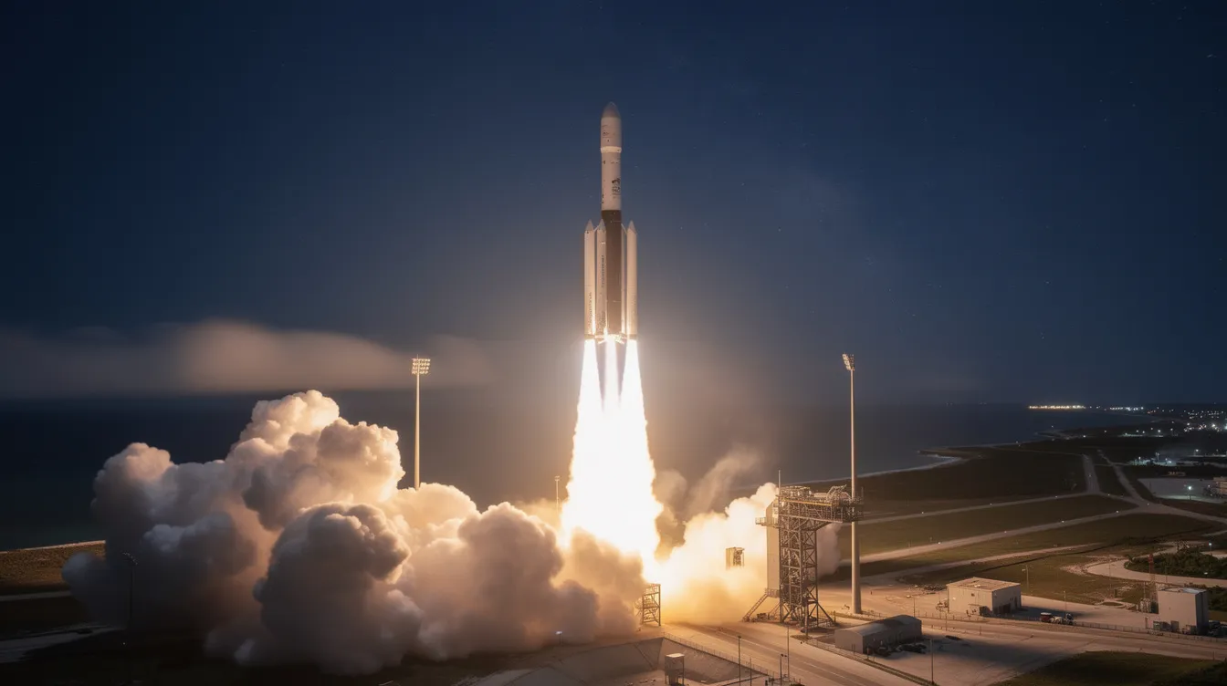Gece karanlığında Cape Canaveral fırlatma rampasından kalkan Falcon 9 roketinin alev izi