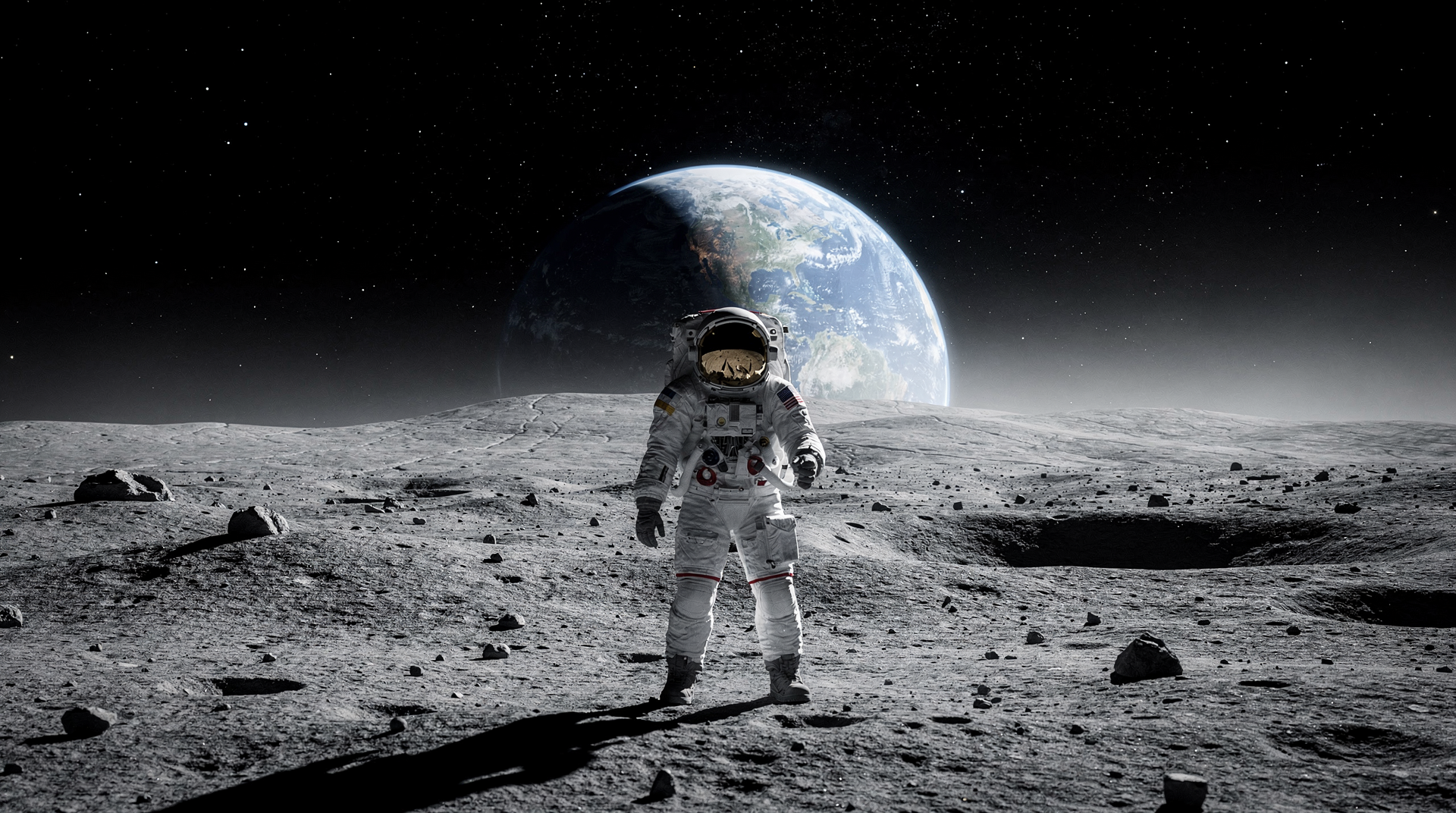 Ay yüzeyinde görev yapan astronotlar, Dünya ufukta yükseliyor.