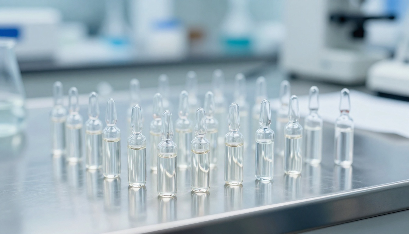 Bir laboratuvar ortamında peptit örnek tüpleri ve bilimsel ekipmanlar, FDA onay sürecini simgeleyen mavi ve beyaz tonlarda aydınlatılmış