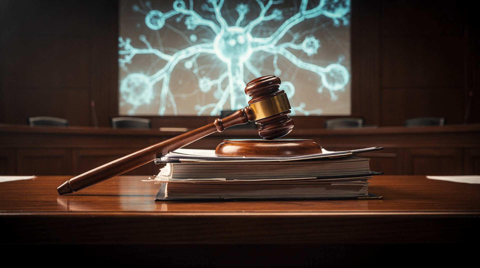 Florida eyaleti binası önünde adalet terazisi sembolü ve arka planda yapay zekâ kod satırları