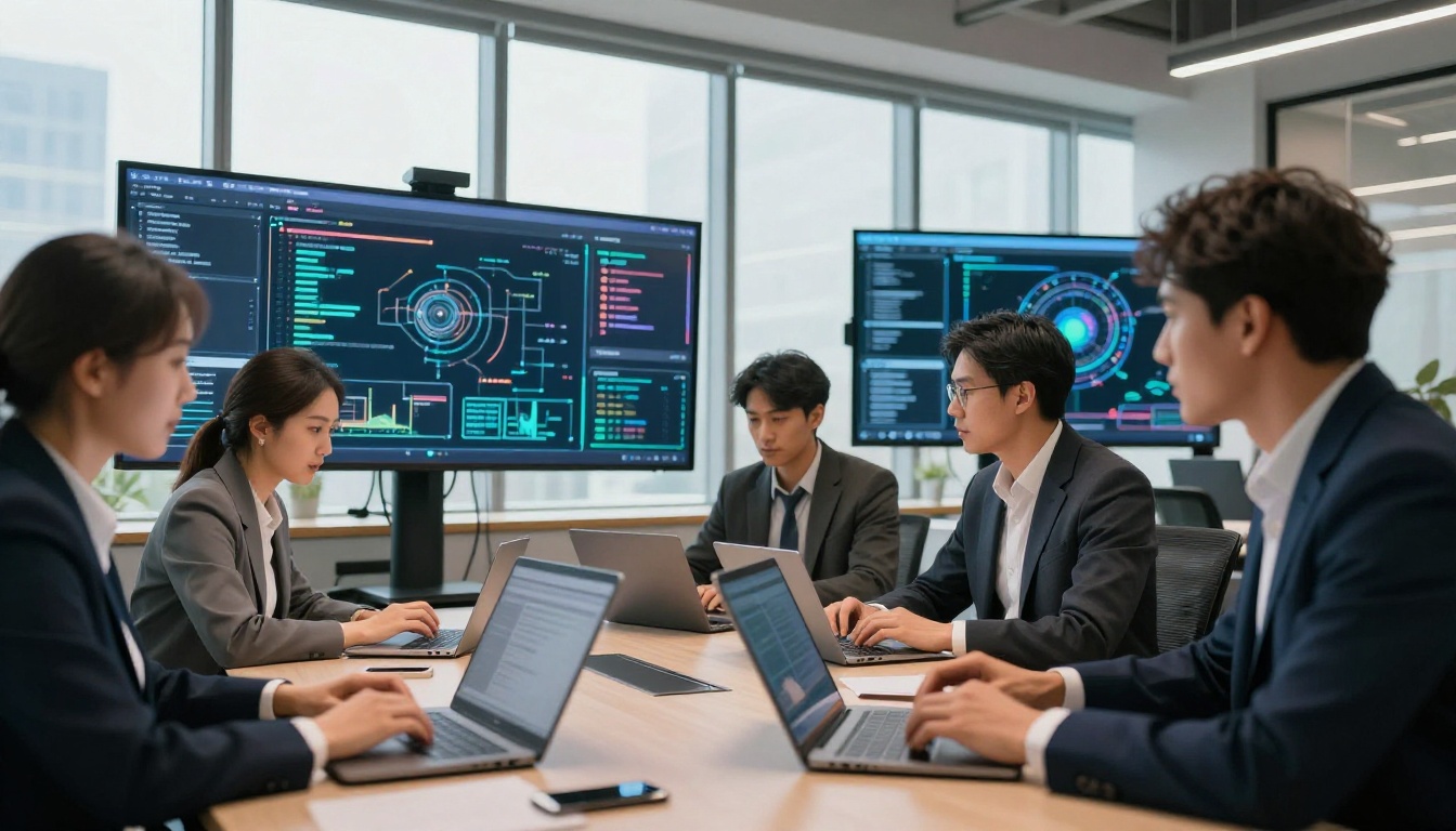 Kurumsal bir ofis ortamında müşteri verilerini analiz eden ve yapay zeka modelini entegre eden mühendislerden oluşan bir teknik ekip