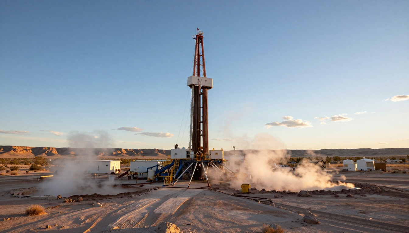 New Mexico çölünde yükselen jeotermal enerji santrali ve buhar çıkışı, arka planda açık mavi gökyüzü