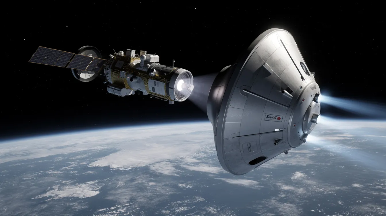 SpaceX'in Starfall kapsülünün alçak Dünya yörüngesinde bir uydudan ayrılırkenki illüstrasyonu. Arkada Starship görülüyor.