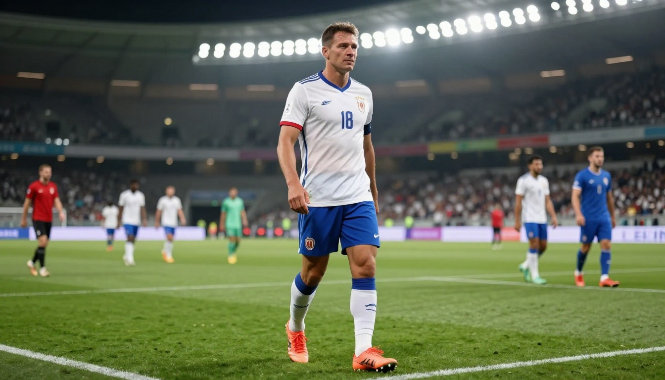 Lionel Messi, 2026 Dünya Kupası maçında topu takip ederken yürüyerek enerji tasarrufu yapıyor; arka planda modern stadyum ışıkları.