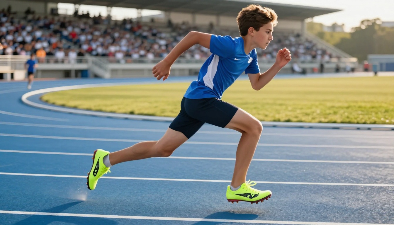 Modern bir atletizm pistinde koşu yapan genç bir sporcu, karbon plakalı süper ayakkabılarıyla yarışıyor.