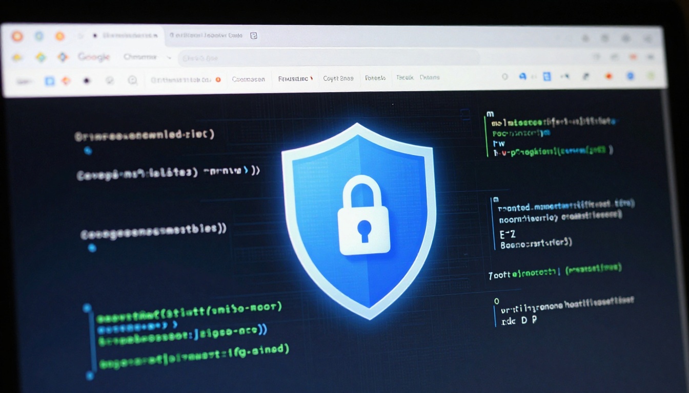 Chrome tarayıcısının yapay zeka destekli güvenlik güncellemelerini ve kod taramasını temsil eden dijital bir görsel