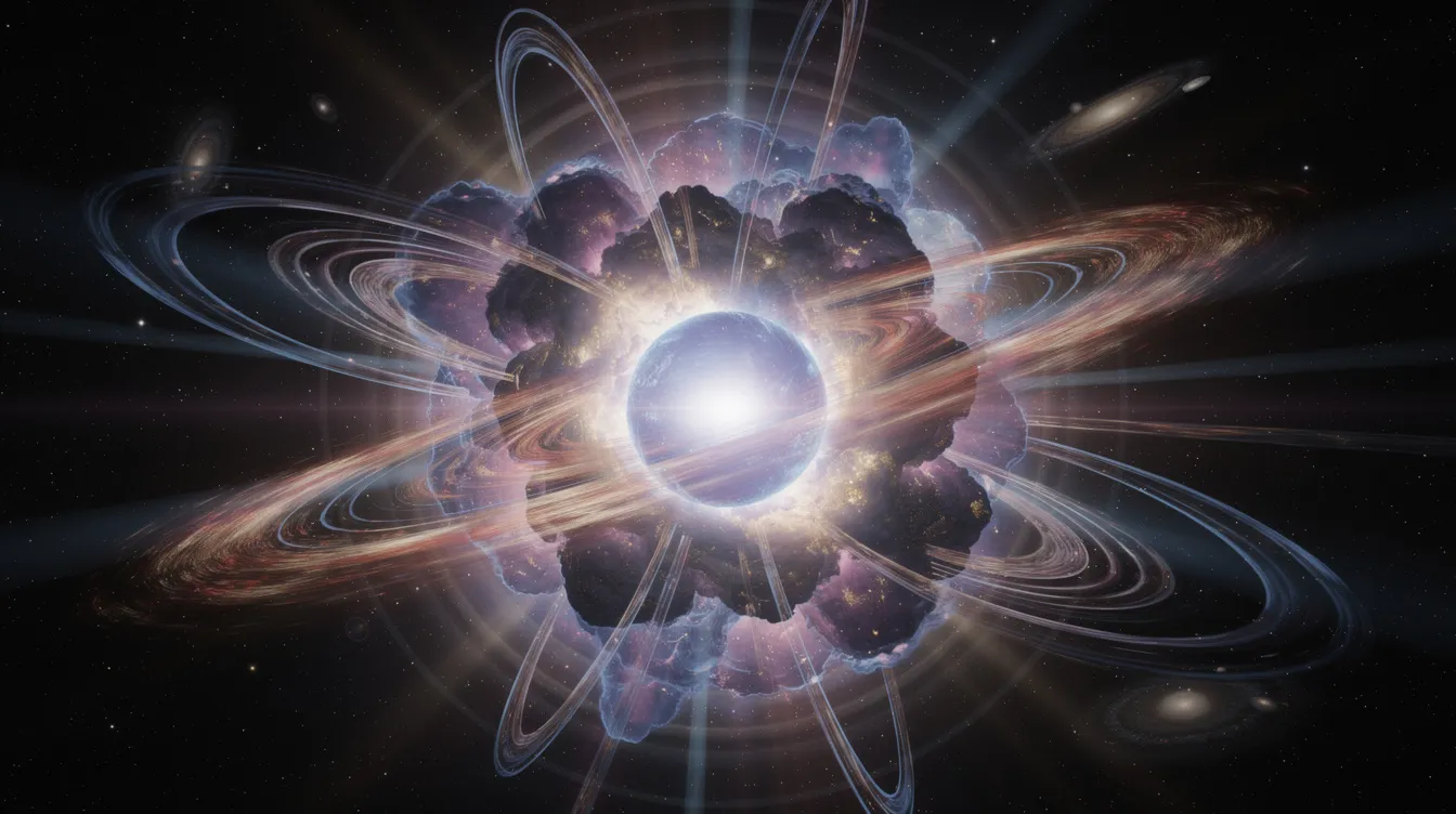 Bir magnetarın oluşumunu gösteren sanatsal gösterim: devasa yıldız patlaması ve genç nötron yıldızı