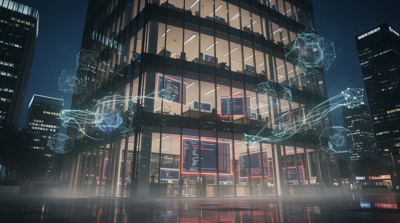 Alibaba'nın Hangzhou merkez ofisi önünde yapay zekâ kodlama kavramını temsil eden dijital bir kompozisyon