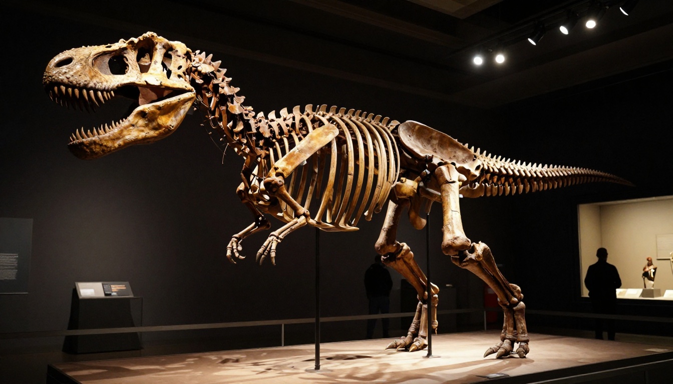Müzayedede sergilenen 67 milyon yıllık T. rex iskeleti Gus'un çelik iskelet üzerinde avını kovalıyor pozu