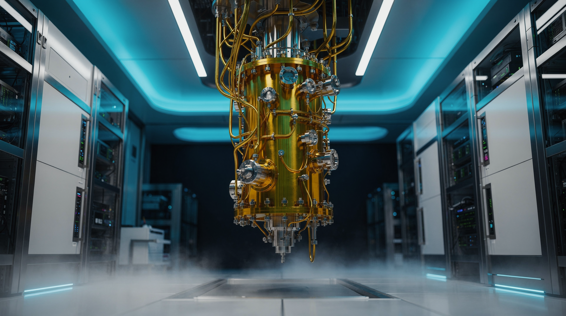 IBM Quantum System Two'nun kriyostat odasında titiz ışıklandırmayla çalışan altın renkli seviye sistemlerinin yakın çekimi