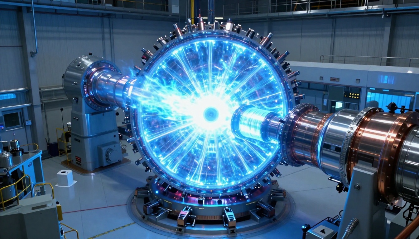 Commonwealth Fusion Systems'in devasa toroidal füzyon reaktörü Sparc'ın parlak mavi plazma ışıltısıyla aydınlanmış iç yapısının görünümü