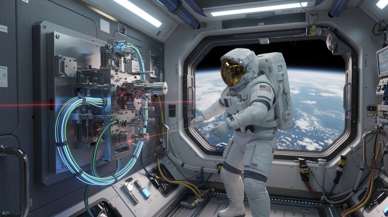 Astronot Jessica Meir, NASA'nın Soğuk Atom Laboratuvarı'na fiber optik kabloları kontrol ederken