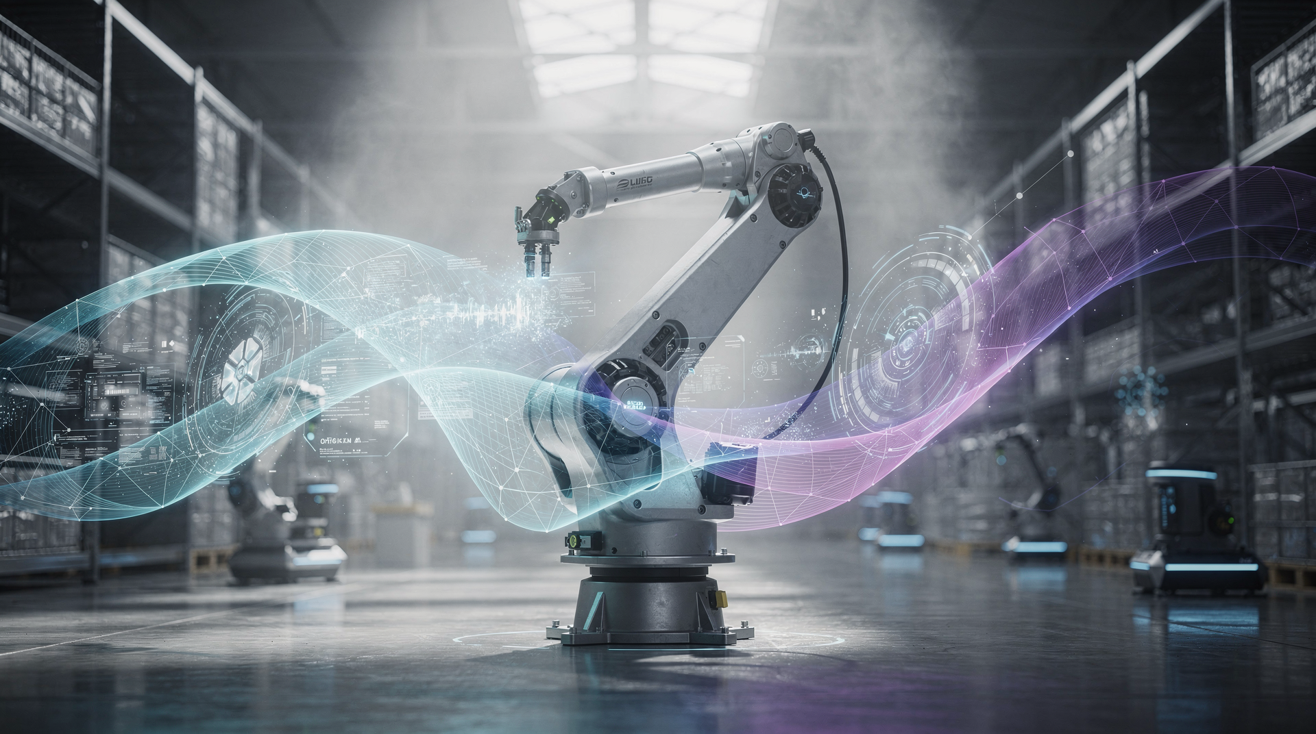 Bir endüstriyel robot kolu, etrafında yarı saydam sinir ağı katmanlarıyla.
