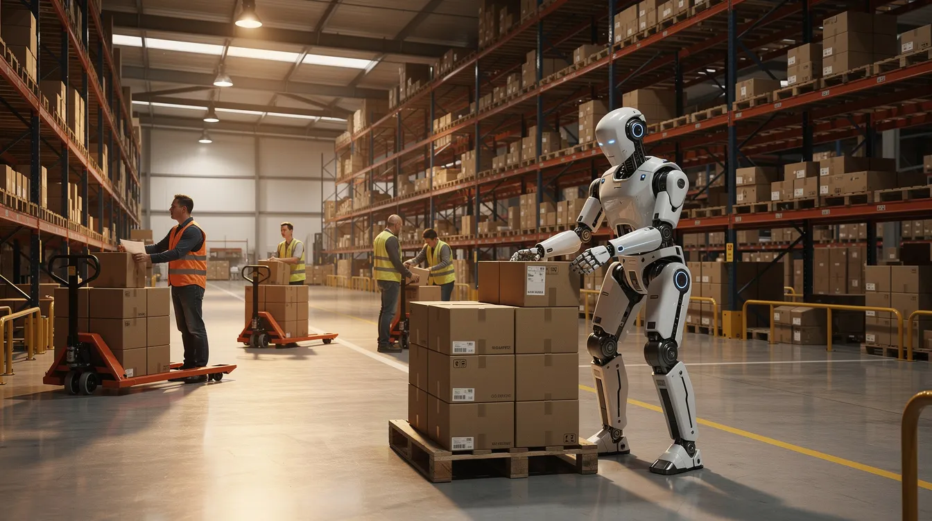 NVIDIA Halos güvenlik sistemiyle donatılmış Agility Robotics'in Digit insansı robotu, bir depo ortamında çalışırken.