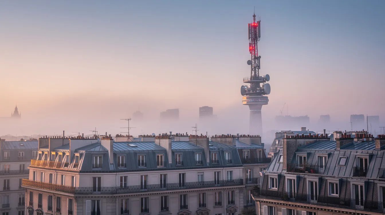 Paris silüeti üzerinde kırmızı uyarı sinyali yayan telekom anten kulesi