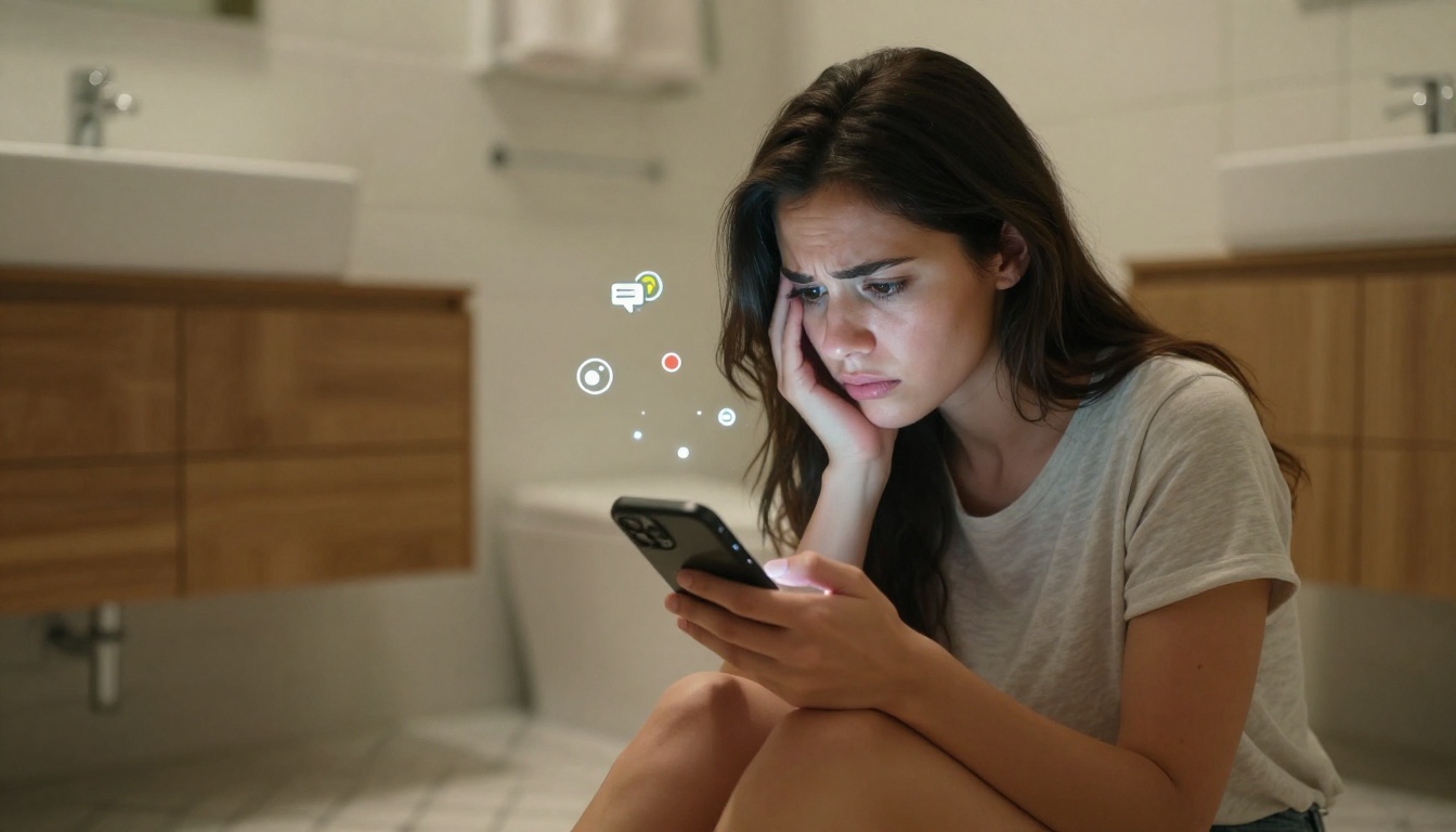 Akıllı telefonunda cyclospora salgını haberlerini endişeyle okuyan bir kişi, banyoda, sosyal medya paylaşımları etrafta uçuşuyor