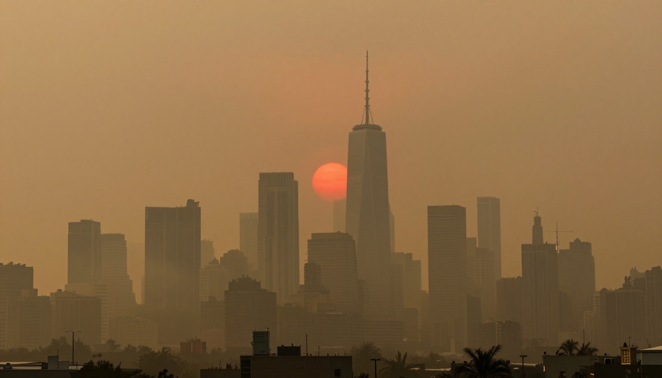 New York şehir silüetinin turuncu ve sarımtırak bir duman tabakasıyla kaplandığı, güneş ışığının zar zor sızdığı dramatik bir gökyüzü manzarası
