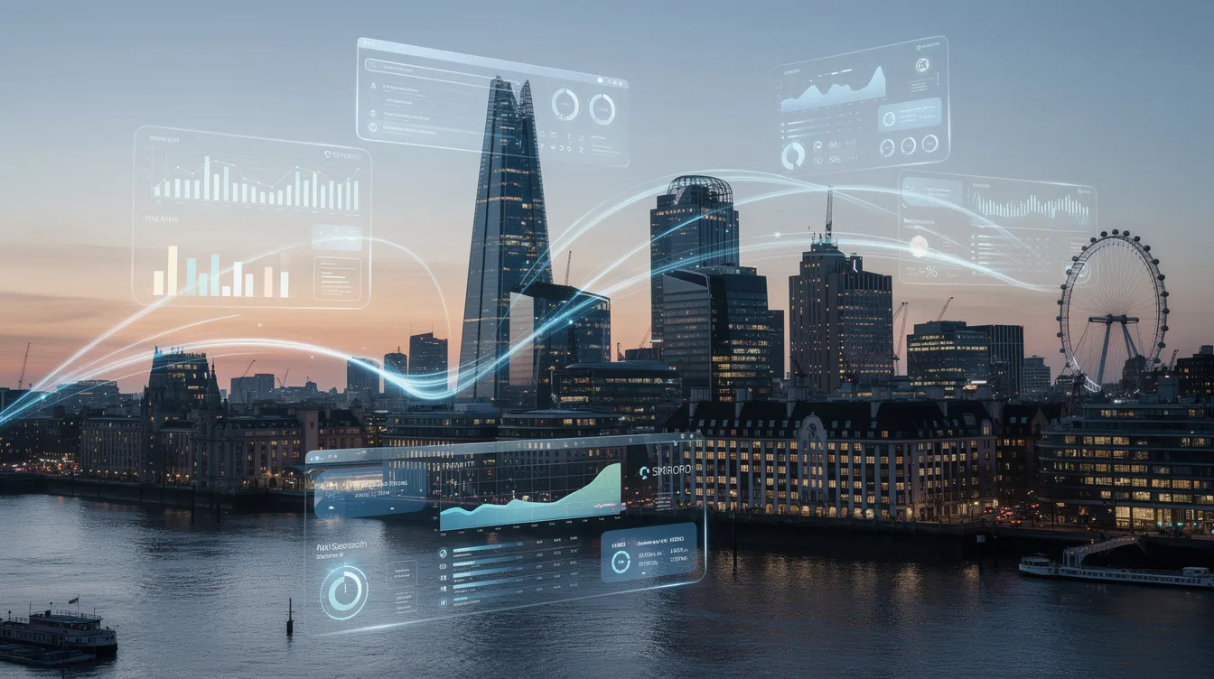 Londra silüeti üzerinde yapay zekâ arama motoru optimizasyonu veri akışını gösteren dijital görselleştirme
