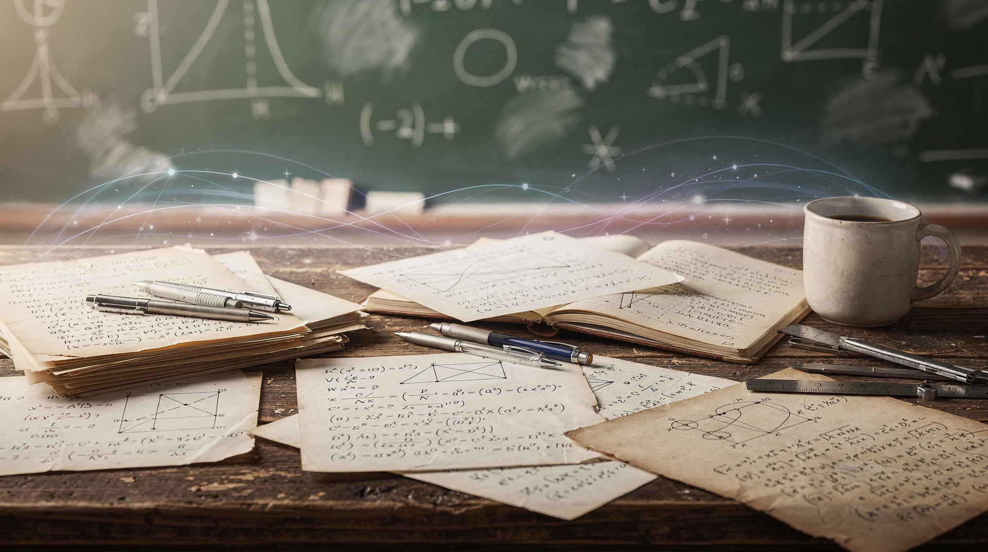 Bir matematikçinin çalışma masasında tahtada karmaşık denklemler ve üst üste binen yapay zekâ ağı diyagramı.