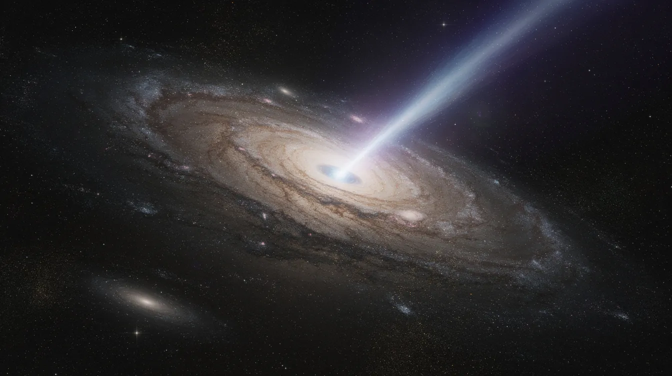 SDSS J110546.07+145202.4 galaksisinin merkezindeki karadelikten fırlayan ve ışık hızına yakın parçacıklardan oluşan yüksek enerjili jetin sanatsal gösterimi