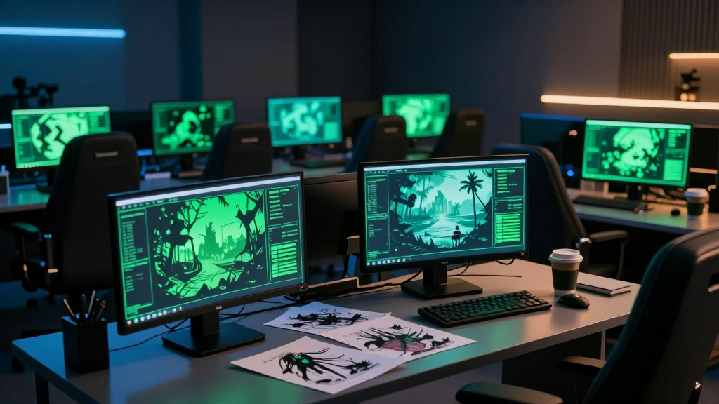 Karanlık bir stüdyo ortamında Fallout temalı bir monitörün üzerinde Pip-Boy arayüzü yansıyan temsili görsel