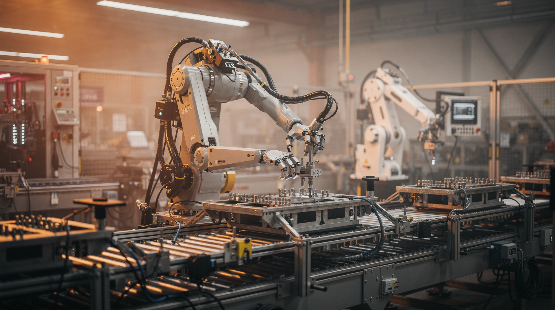 Fabrika ortamında çalışan insansı robot kolu