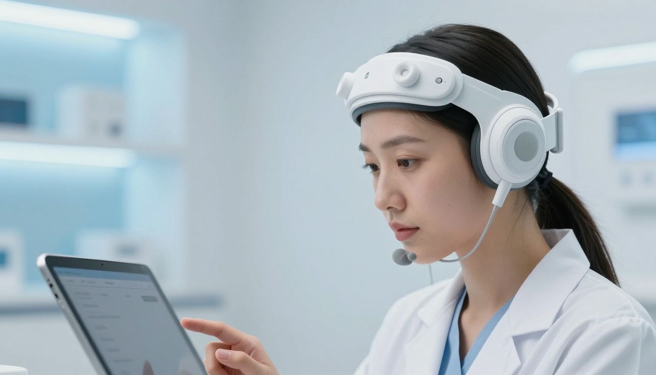Bir kişinin hafif bir EEG başlığı taktığı ve tablet üzerinden uygulamayla etkileşime girdiği modern bir klinik ortam