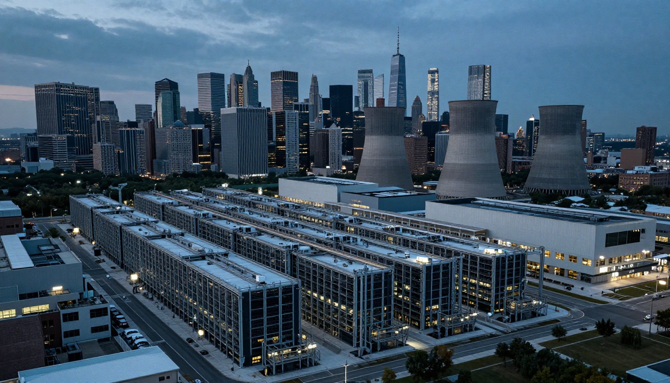 New York şehir silüeti önünde duran soğutma kuleleriyle büyük bir hiperscale veri merkezi tesisinin dış görünümü