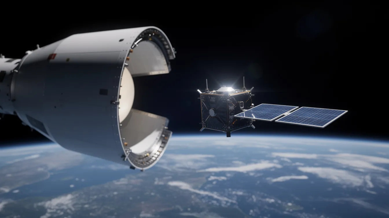 ESA'nın CyberCUBE siber güvenlik test uydusunun Falcon 9'un Transporter göreviyle alçak Dünya yörüngesine yerleştirilme anını gösteren sanatsal çizim